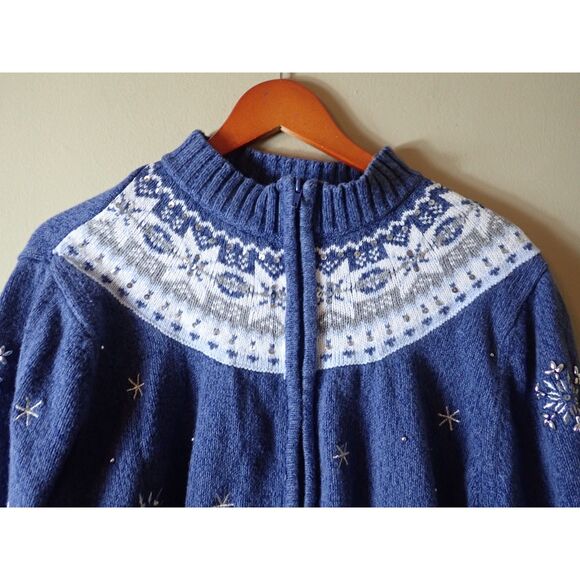 Crystal Kobe Cardigan Sweater Blue Snowflake Embellished Full Zip Large Winter - Picture 2 of 11